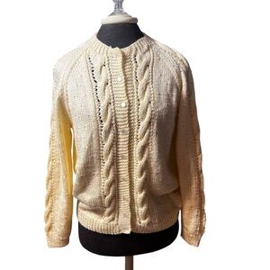 Hand Knit Cream Cable Cardigan Made By Grandma Size Medium Soft Fisherman’s Knit